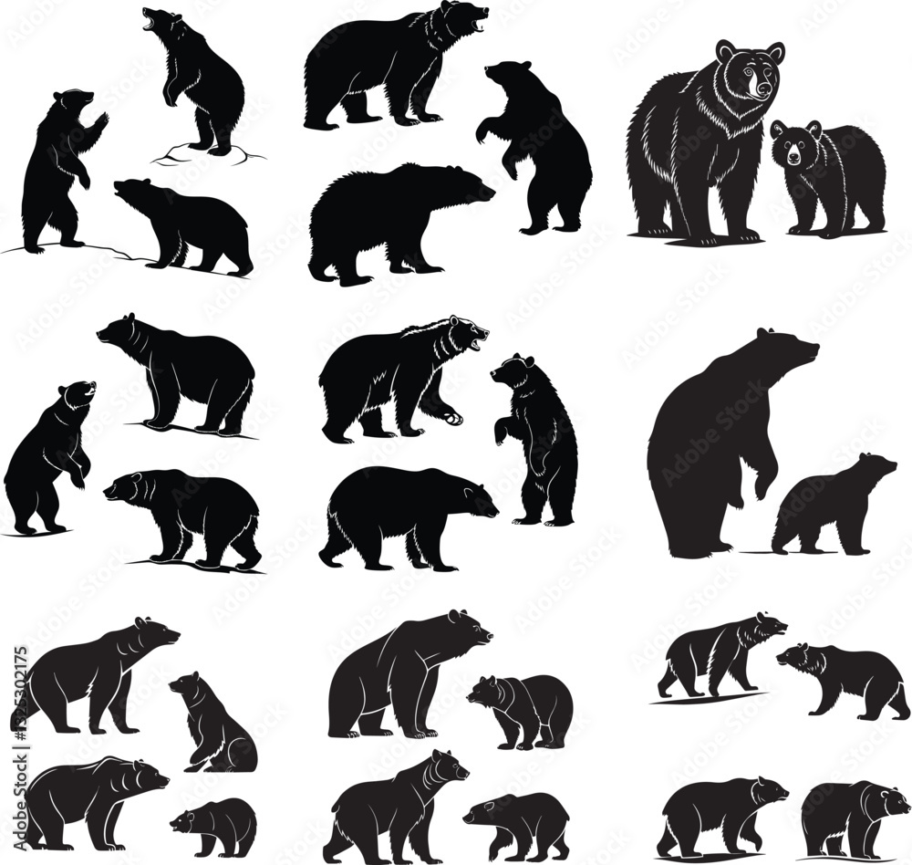 Obraz premium Set of Bear Silhouettes on White Background in Vector Format