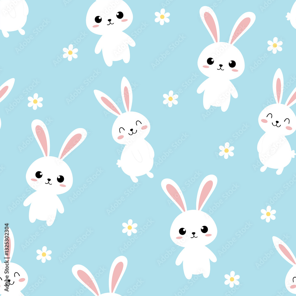 Seamless cute bunny pattern with daisy flowers on light blue background. Seamless cute bunny pattern with daisy flowers on light blue background.