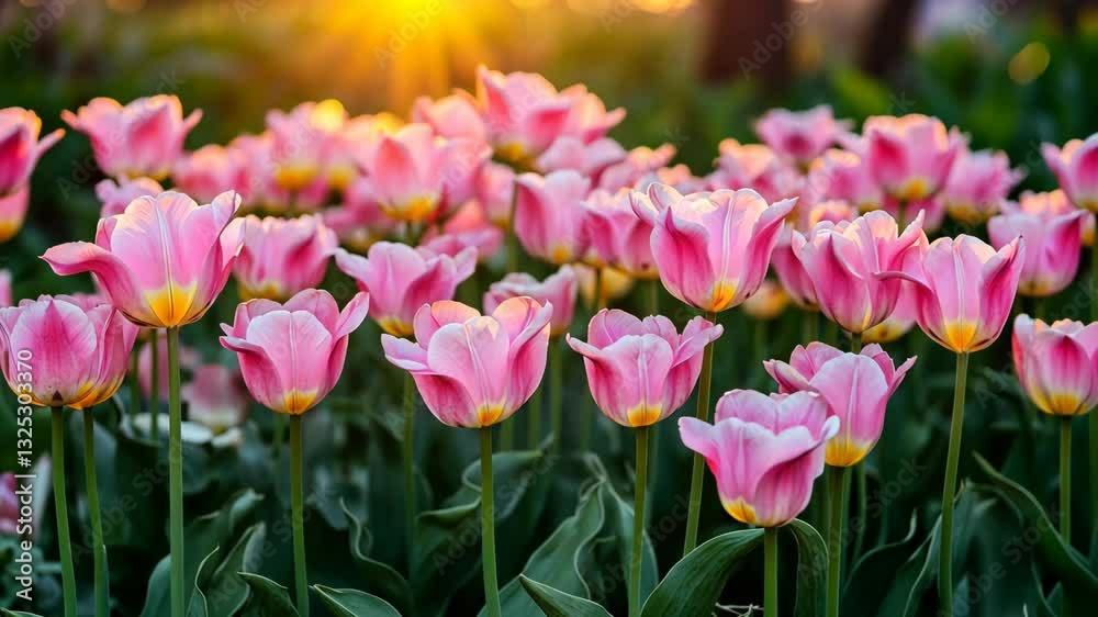 Colorful pink tulips blooming in a garden during sunset in springtime Colorful pink tulips blooming in a garden during sunset in springtime