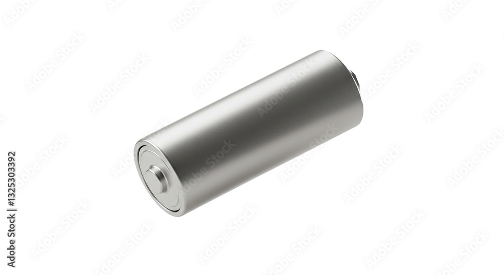 A highly detailed C-size battery mockup, floating in mid-air against a clean, isolated background. The battery has a smooth, unmarked metallic finish with subtle reflections, no text, logos, symbols A highly detailed C-size battery mockup, floating in mid-air against a clean, isolated background. The battery has a smooth, unmarked metallic finish with subtle reflections, no text, logos, symbols