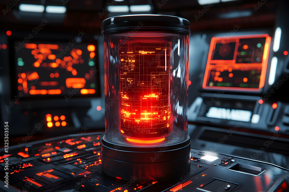 Cylindrical Glass Podium with a Glowing Red Core, Futuristic Technology Display Cylindrical Glass Podium with a Glowing Red Core, Futuristic Technology Display