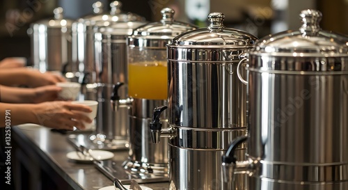Stainless steel beverage dispensers at hotel breakfast buffet bar row food cups cold juice drink