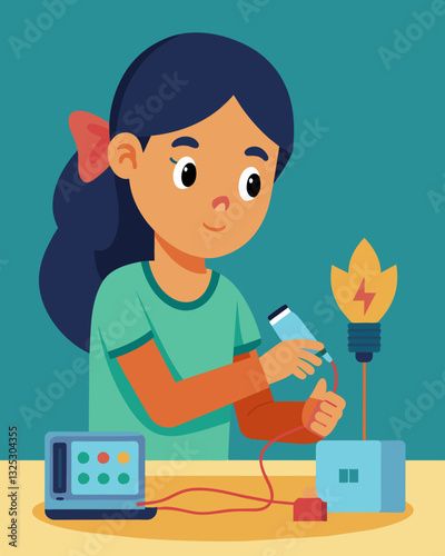 A young girl soldering wires to create a smart thermostat for the familys home with remote control capabilities.. Vector illustration