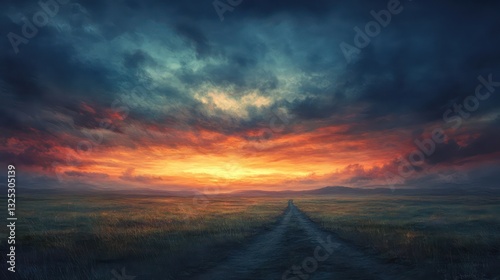 Fototapeta Naklejka Na Ścianę i Meble -  Dramatic sunset clouds illuminate a road extending over the field