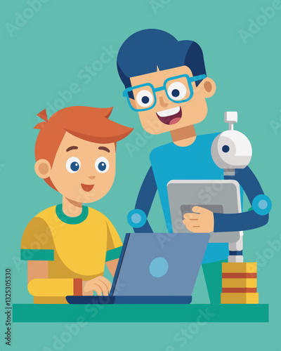An older child proudly teaches a younger student the basics of coding with robotic arms passing on their passion for the subject.. Vector illustration