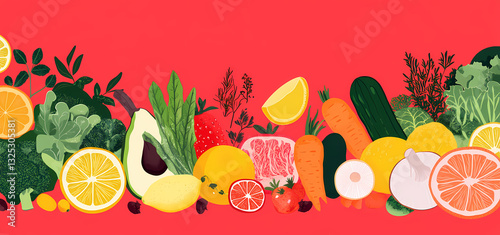 Fresh Harvest Banner: A vibrant illustration of fresh, healthy produce arranged in a colorful banner across a solid backdrop, evoking a sense of abundance, wellness, and wholesome eating.