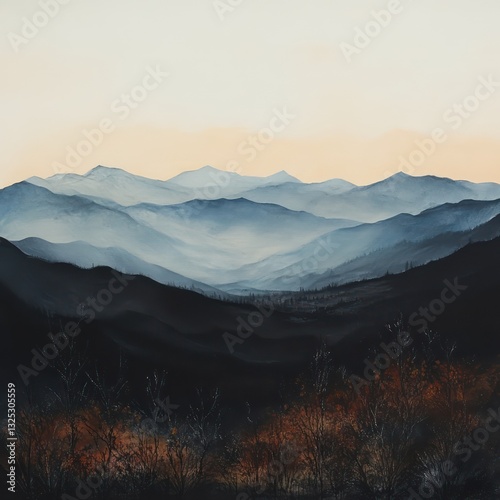 Serene painting of distant mountains with layered atmospheric perspective