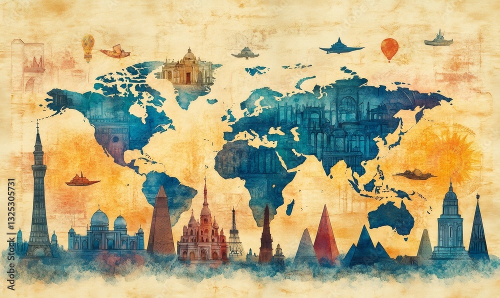Fototapeta premium World map with famous landmarks and various transportation methods, representing global travel and exploration