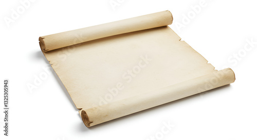 aged, unrolled paper scroll with a textured surface and frayed edges, casting a shadow on a white background.empty, space, copy, nobody, studio, light