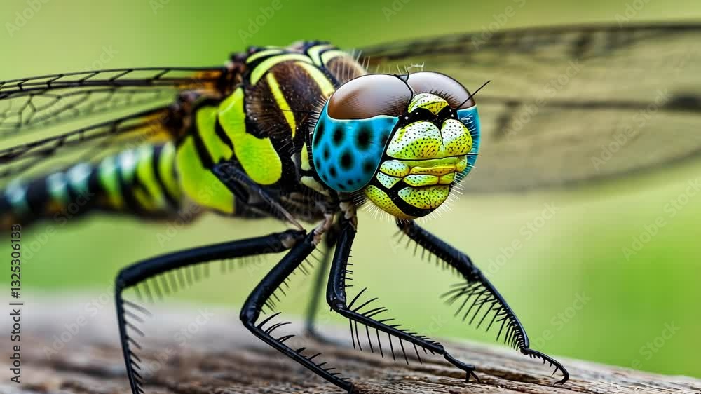 Close view of a colorful dragonfly resting on a wooden surface in a lush green environment during midday light