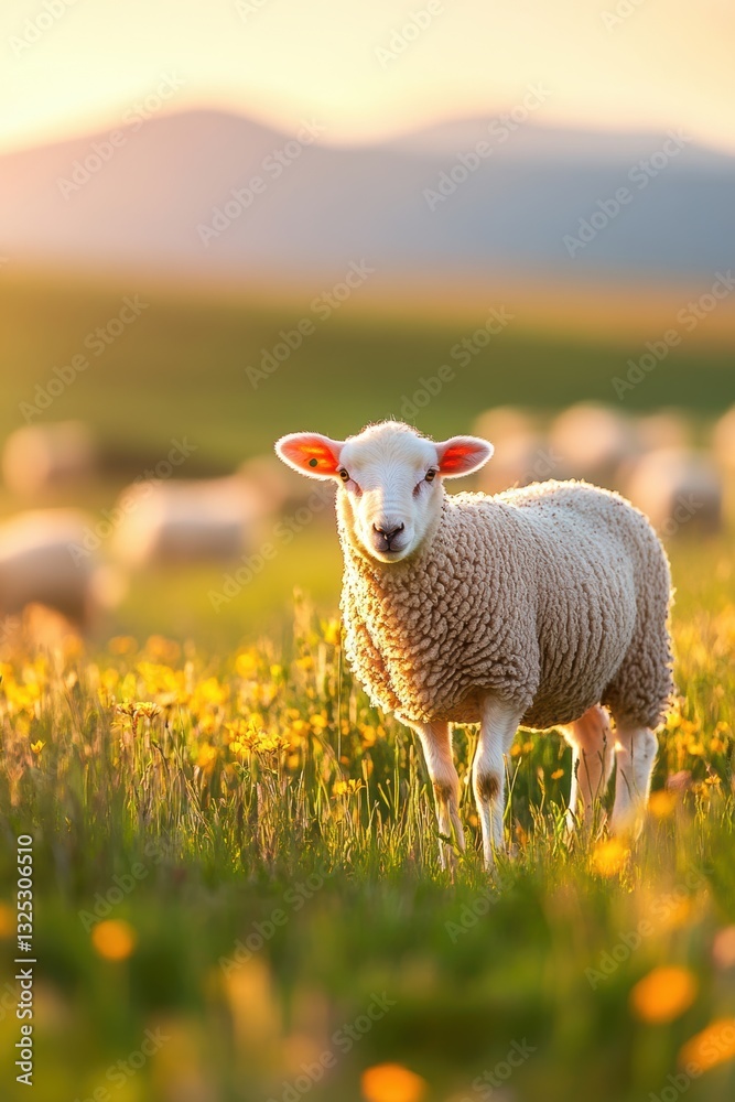 Fototapeta premium Sheep in flower grass field in Spring.