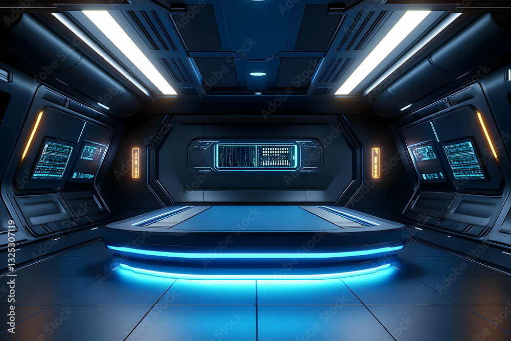 Futuristic research lab interior with glowing podium and advanced technology panels Futuristic research lab interior with glowing podium and advanced technology panels