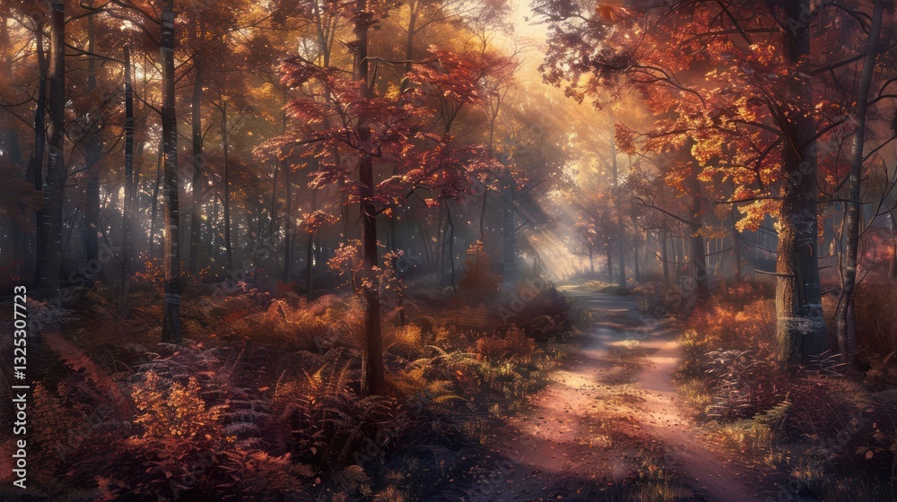 A sunlit forest path through trees during autumn season A sunlit forest path through trees during autumn season