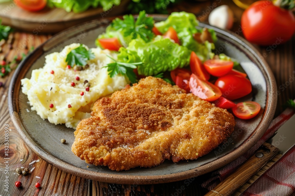 Crispy Breaded Cutlet with Mashed Potatoes and Fresh Salad on a Rustic Plate Crispy Breaded Cutlet with Mashed Potatoes and Fresh Salad on a Rustic Plate