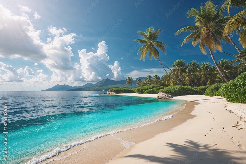 Fototapeta premium Vibrant Summer Beach Scene with Luminous Sands and Pristine Waters Beneath Wide Open Skies