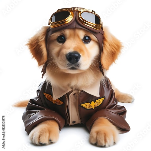 adorable dog in a pilot uniform with aviator goggles, isolated on white background 