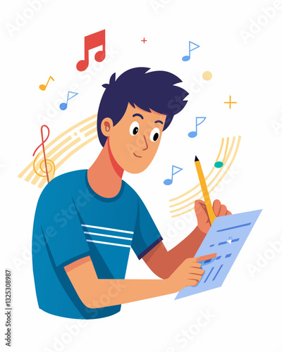 A young musician scribbling lines of code on a piece of paper excitedly translating their musical ideas into a functional program.. Vector illustration