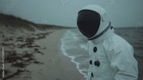 A solitary astronaut gazes at the waves on a misty beach, lost in thought of the vastness of space and the mysteries of the ocean.