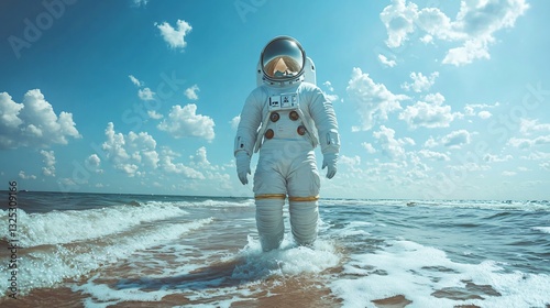 Surreal Scene: Astronaut Wading in Ocean, Blue Sky Backdrop