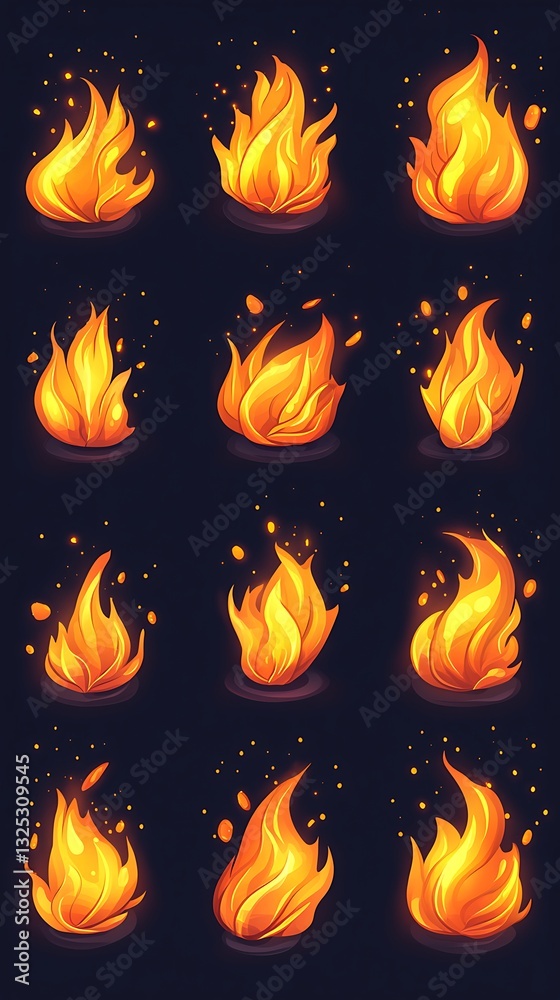 Twelve Stylized Animated Flames Displayed Against a Dark Background Twelve Stylized Animated Flames Displayed Against a Dark Background