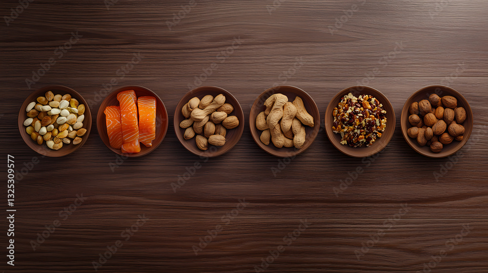 A Medley of Delight: Overhead shot of a diverse array of snacks, displayed within small bowls on a wooden table, a tempting assortment ready for indulgence. A Medley of Delight: Overhead shot of a diverse array of snacks, displayed within small bowls on a wooden table, a tempting assortment ready for indulgence.