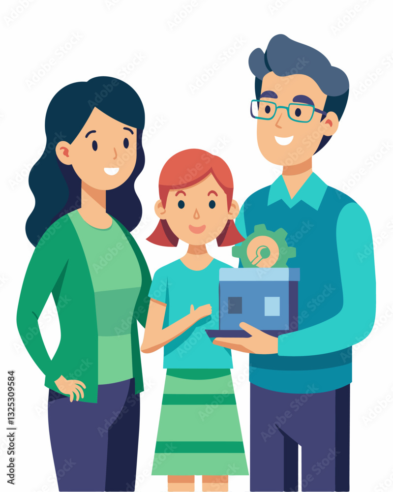 Fototapeta premium A young girl proudly shows her parents the 3D printed sculpture she designed and coded herself using a programming language.. Vector illustration