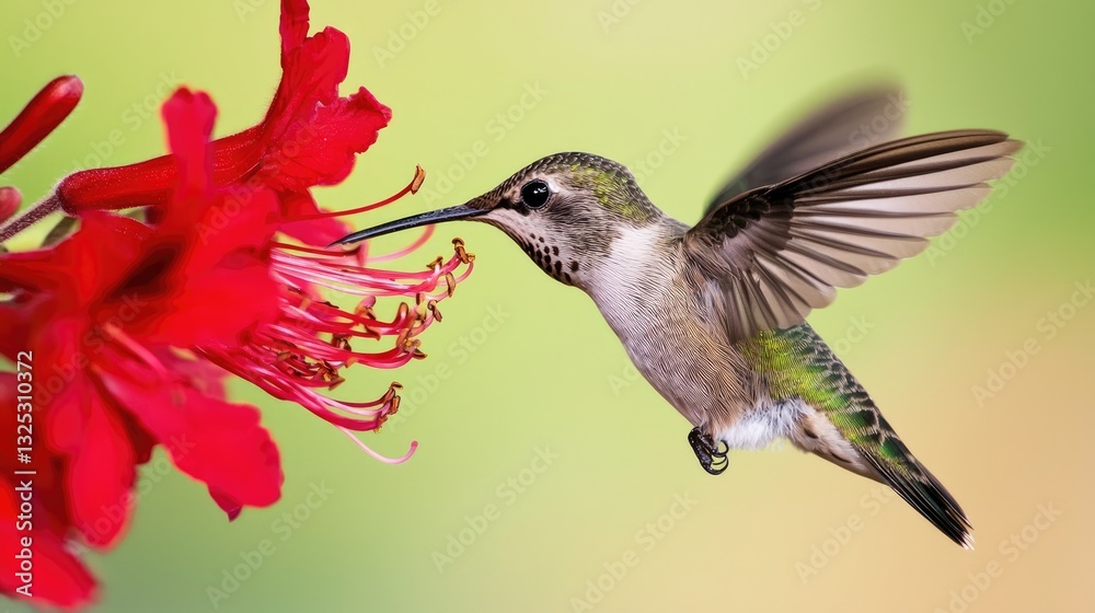 Naklejka premium A hummingbird approaching a red flower preparing to drink nectar