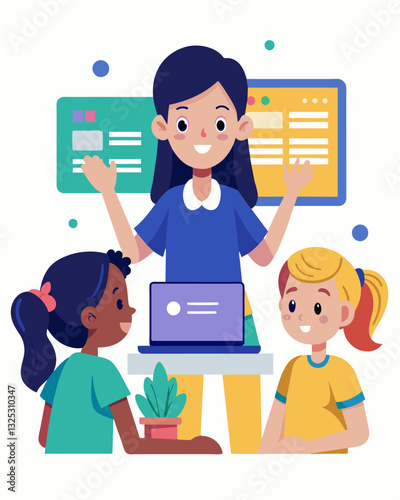 At a techinspired summer camp a young girl shows her friends how to customize their websites with HTML and CSS coding.. Vector illustration