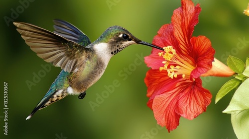 A Hummingbird Approaching a Red Hibiscus Flower For Nectar