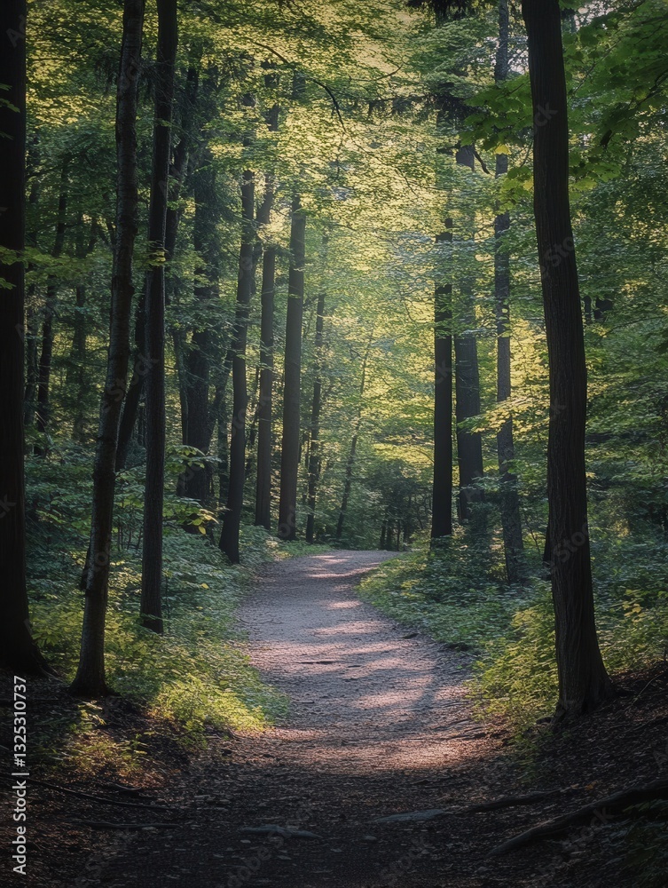 Fototapeta premium Forest path invites exploration through dense trees with sunlight illuminating the serene landscape