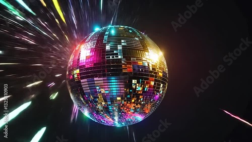 Colorful disco ball explosion in dark space
