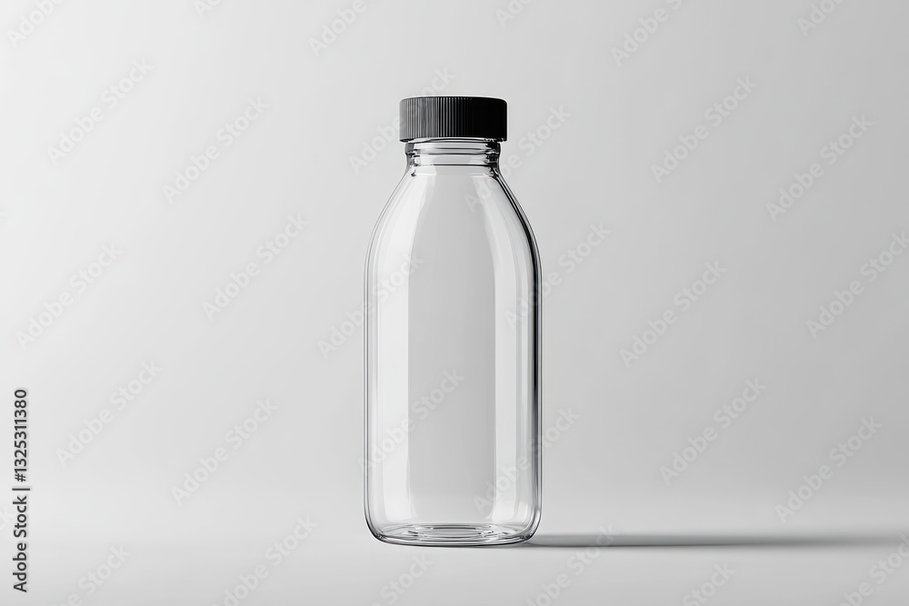 A transparent glass bottle with a dark colored cap sits alone A transparent glass bottle with a dark colored cap sits alone