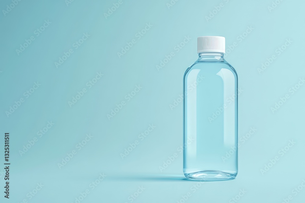 A transparent bottle filled with clear liquid sits in a setting A transparent bottle filled with clear liquid sits in a setting