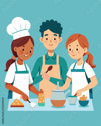 In a makeshift kitchen a trio of young chefs don aprons and work together to measure ingredients mix batter and create their own tasty batch of homemade cookies.. Vector illustration