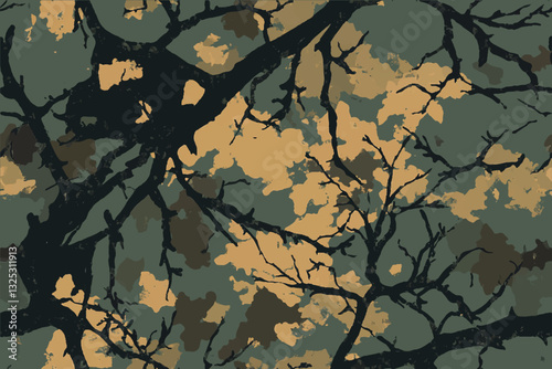Abstract camouflage pattern with tree branches and leaves, vector illustration design for military or wallpaper backgrounds