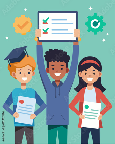 As the course comes to an end the teens proudly display their certificates of completion ready to take their advanced coding skills into the future.. Vector illustration