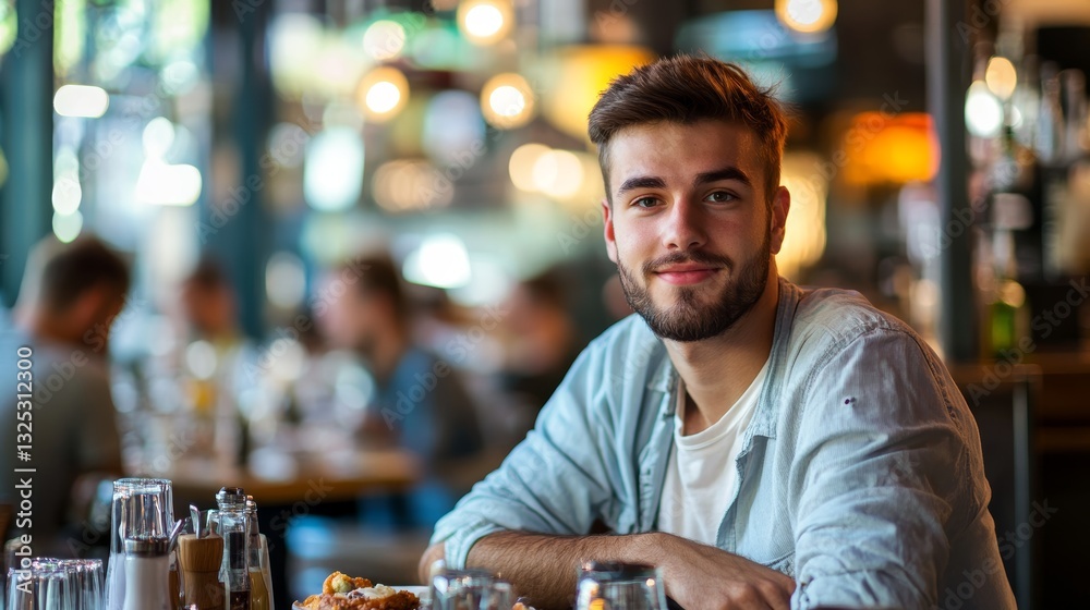 Fototapeta premium Attractive Guy Dining at Restaurant 