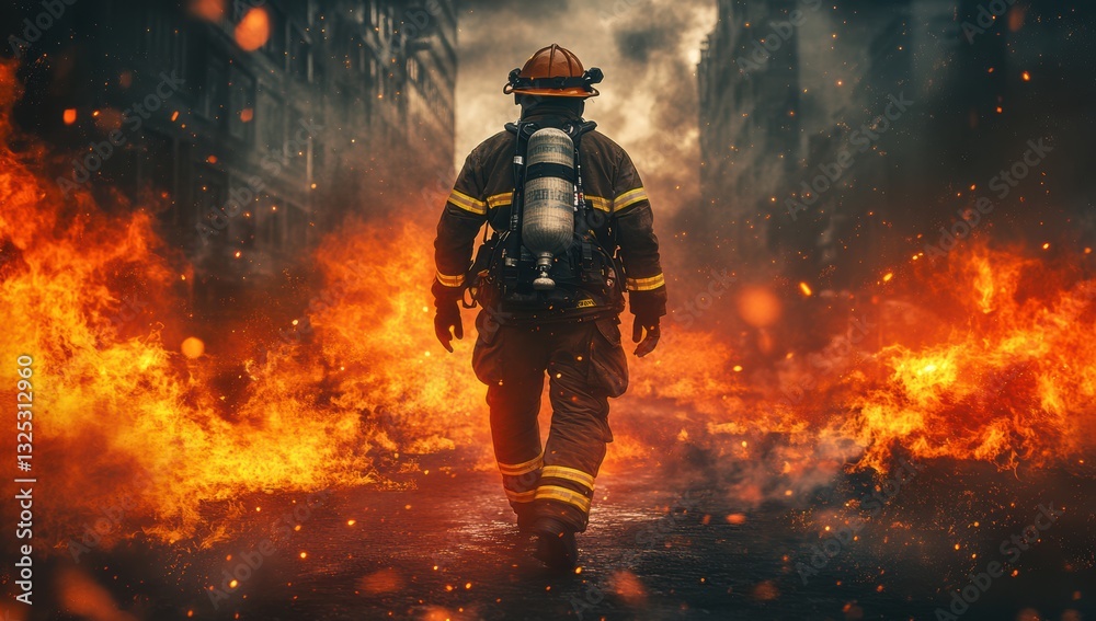 Brave firefighter walking through flames in full protective gear with oxygen tank on back in a burning city with fire and smoke surrounding the scene Brave firefighter walking through flames in full protective gear with oxygen tank on back in a burning city with fire and smoke surrounding the scene