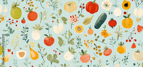 Nature's Bounty: A charming, hand-drawn illustration bursts with a delightful assortment of fresh, vibrant fruits, vegetables, and herbs, showcasing the beauty and abundance of nature's garden