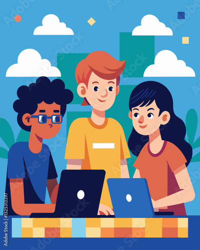 In pairs the teens work on a coding challenge in a hackathon competition racing against the clock to come up with the best solution.. Vector illustration
