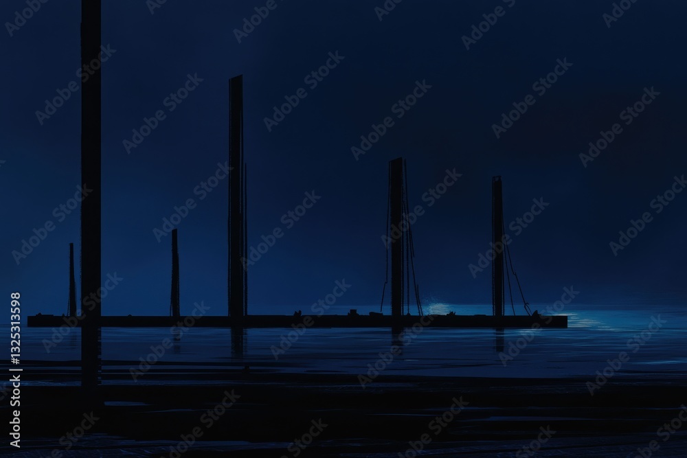 Silhouette view of poles standing in water at twilight Silhouette view of poles standing in water at twilight