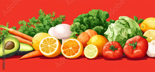 Vibrant Orchard: An eye-level view of a fresh colorful arrangement of various fruits and vegetables in a detailed depiction of freshness and wholesome goodness.