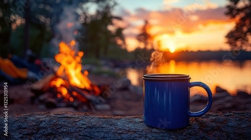 Fototapeta Naklejka Na Ścianę i Meble -  Sunset campfire coffee by the lake