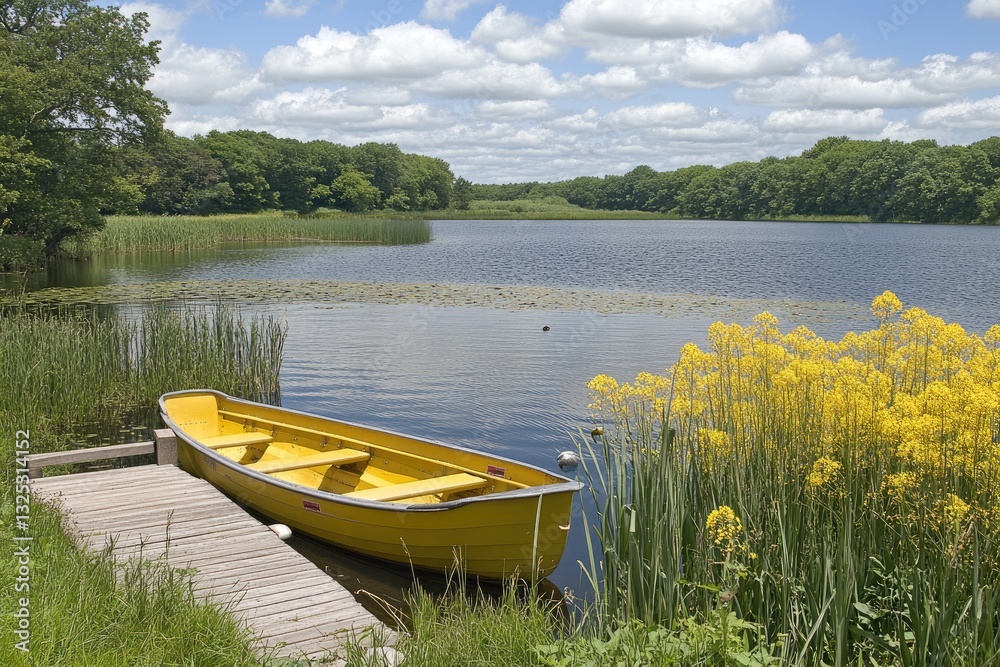 Peaceful lake scene with yellow boat dock