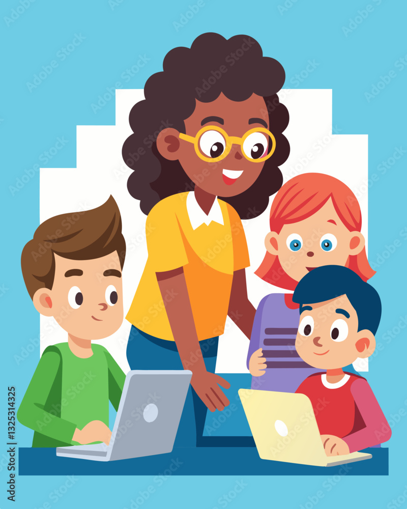 Excited and focused a group of children intently write lines of code as their coding instructor looks on guiding them through the process.. Vector illustration Excited and focused a group of children intently write lines of code as their coding instructor looks on guiding them through the process.. Vector illustration
