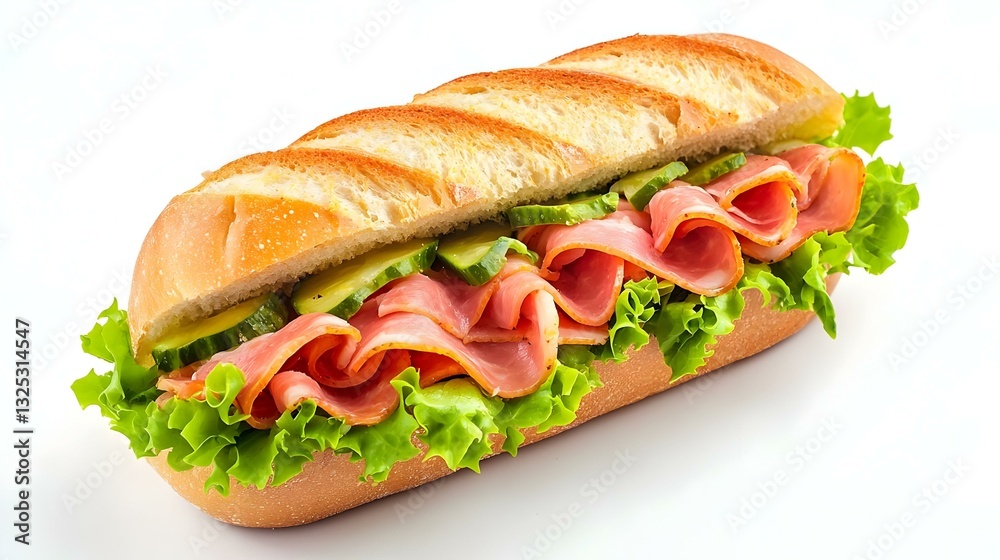 Submarine ham sandwich on a white background Submarine ham sandwich on a white background