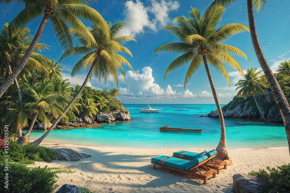 Fototapeta premium Exotic Beachfront Oasis with Palm Trees and Breathtaking Turquoise Waters