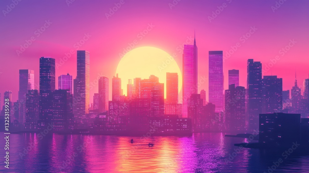 A vibrant sunset illuminates the skyline of a city across the water A vibrant sunset illuminates the skyline of a city across the water