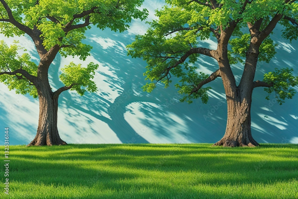 Vibrant Spring Escape Scene with Lush Oak Shadows on Green Grass Vibrant Spring Escape Scene with Lush Oak Shadows on Green Grass