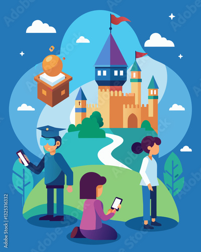 As they progress through the lessons the virtual environment changes from a futuristic city to a medieval castle keeping the kids engaged and curious.. Vector illustration